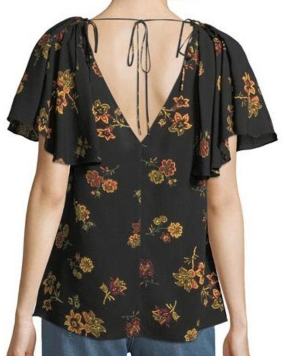 A.L.C. Clara Black Silk Shirt Moody Floral Print Short Flutter Sleeve 4 - Picture 2 of 10